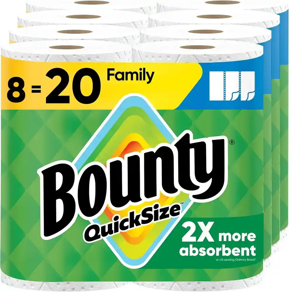 Bounty Quick Size Paper Towels, White, 8 Family Rolls = 20 Regular Rolls (Packaging May Vary)